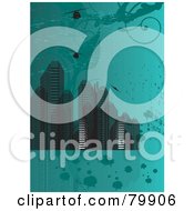 Poster, Art Print Of Teal Background Of Urban Skyscrapers And Helicopters With Grungy Marks And Splatters