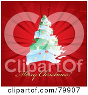 Poster, Art Print Of Golden Merry Christmas Greeting On Red With A Christmas Tree And Burst