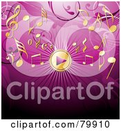 Royalty Free RF Clipart Illustration Of A Golden Music Play Button And Notes On A Pink Background