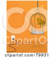 Royalty Free RF Clipart Illustration Of A Singing Caged Pet Bird Against An Orange Wall