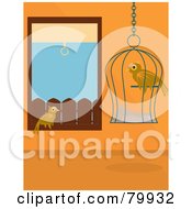 Royalty Free RF Clipart Illustration Of A Wild Bird Sitting In A Window And Watching A Caged Pet Bird In An Orange Room