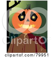 Poster, Art Print Of Spooky Pumpkin Head Man With A Bloody Shoulder Over A Green Cemetery Background