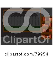 Royalty Free RF Clipart Illustration Of A Bookshelf Beside A Window With A View Of A Fence At Night