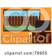 Royalty Free RF Clipart Illustration Of A Tv On A Book Shelf Near A Large Window With A Bird Perched On The Fence Outside