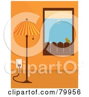 Royalty Free RF Clipart Illustration Of A Tall Lamp Against An Orange Wall With A View Of A Bird On A Fence Out The Window