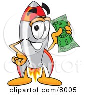 Rocket Mascot Cartoon Character Holding A Dollar Bill