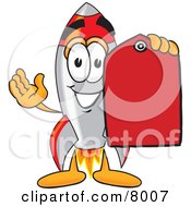 Rocket Mascot Cartoon Character Holding A Red Sales Price Tag