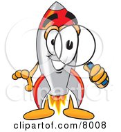 Poster, Art Print Of Rocket Mascot Cartoon Character Looking Through A Magnifying Glass