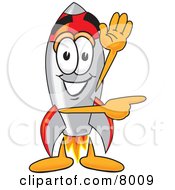 Rocket Mascot Cartoon Character Waving And Pointing by Mascot Junction