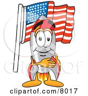 Rocket Mascot Cartoon Character Pledging Allegiance To An American Flag