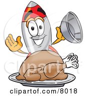 Rocket Mascot Cartoon Character Serving A Thanksgiving Turkey On A Platter