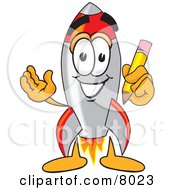 Rocket Mascot Cartoon Character Holding A Pencil by Mascot Junction