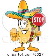 Taco Mascot Cartoon Character Holding A Stop Sign