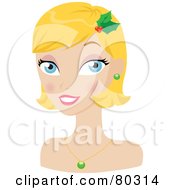 Smiling Blond Christmas Woman Wearing Holly In Her Hair