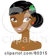 Smiling Indian Christmas Woman Wearing Holly In Her Hair