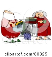 Poster, Art Print Of Mrs Claus Leaning Against A Dryer And Watching Santa Do The Laundry