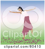 Poster, Art Print Of Graceful Ballerina Dancing In A Pink Skirt Over Flowers On A Gradient Background