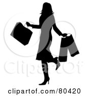 Poster, Art Print Of Black Silhouette Of A Shopping Woman Kicking Up Her Heel And Carrying Bags