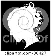Royalty Free RF Clipart Illustration Of A Profiled Womans Head With Words Spiraling On Black