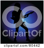 Royalty Free RF Clipart Illustration Of A Silhouetted Rock Star Man Playing An Electric Guitar Over Blue