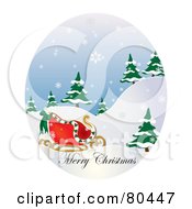 Royalty Free RF Clipart Illustration Of An Oval Scene Of Santas Sleigh With Merry Christmas Text On A Snowy Day