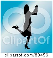 Royalty Free RF Clipart Illustration Of A Black Silhouetted Happy Businesswoman Kicking Up Her Heels And Doing A Happy Dance by Pams Clipart