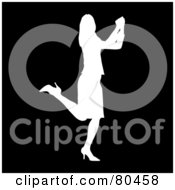 Royalty Free RF Clipart Illustration Of A White Silhouette Of A Happy Businesswoman Kicking Up Her Heels And Doing A Happy Dance by Pams Clipart