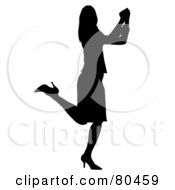 Poster, Art Print Of Black Silhouette Of A Happy Businesswoman Kicking Up Her Heels And Doing A Happy Dance