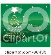 Poster, Art Print Of Starry Christmas Tree On A Wavy Green Background With Swooshes