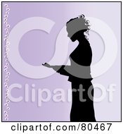 Poster, Art Print Of Black Silhouetted Businesswoman Standing And Reading Over Purple