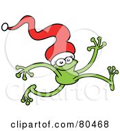 Leggy Green Frog Running And Wearing A Santa Hat