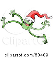 Leggy Green Frog Walking And Wearing A Santa Hat