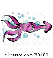 Happy Purple Squid Swimming Through Bubbles