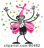 Poster, Art Print Of Happy Black Bug With Pink Wings Wearing A Party Hat And Dancing In Confetti