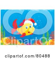 Royalty Free RF Clipart Illustration Of A Yellow Marine Fish Swimming Over A Reef And Wearing A Santa Hat