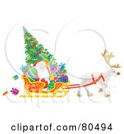 Poster, Art Print Of Reindeer Pulling A Christmas Tree Gifts And Santa In A Sleigh