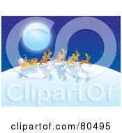 Poster, Art Print Of Santas Reindeer Pulling His Sleigh Under A Full Moon