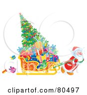 Poster, Art Print Of Santa Pulling A Christmas Tree And Gifts In A Sleigh