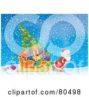 Poster, Art Print Of Santa Pulling His Sleigh With Presents And A Tree Through The Snow