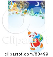 Royalty Free RF Clipart Illustration Of Santa Waving And Walking Near A Winter Cottage