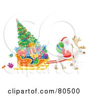 Poster, Art Print Of Santa Riding On A Reindeer Pulling A Christmas Tree And Gifts In A Sleigh