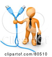 Royalty Free RF Clipart Illustration Of A 3d Computer Generated Orange Business Man Holding Two Blue Computer Cables
