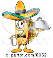 Taco Mascot Cartoon Character Dressed As A Waiter And Holding A Serving Platter