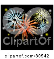 Royalty Free RF Clipart Illustration Of A Black Night Sky With Colorful Explosions Of Fireworks