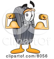 Clipart Picture Of A Rubber Tire Mascot Cartoon Character Flexing His Arm Muscles by Mascot Junction