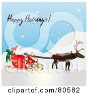Poster, Art Print Of Happy Holidays Text Over A Single Reindeer Pulling Santas Sleigh On A Snowy Day
