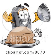 Rubber Tire Mascot Cartoon Character Serving A Thanksgiving Turkey On A Platter