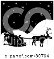 Poster, Art Print Of Silhouetted Single Reindeer Pulling Santas Sleigh On A Snowy Night