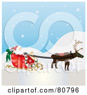 Poster, Art Print Of Single Reindeer Pulling Santas Sleigh On A Snowy Day
