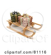 3d Wooden Sled With Wrapped Christmas Presents On A Shaded White Background